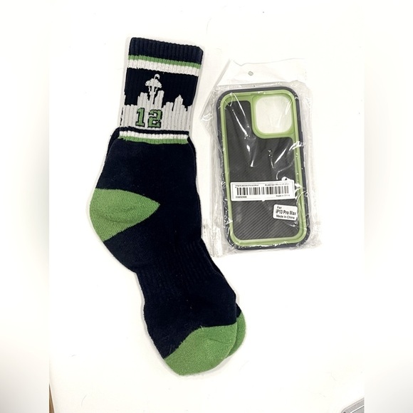 iPhone 13 Pro Max Phone Case & Seahawks Crew Socks Fan Blue & Green - Picture 3 of 4